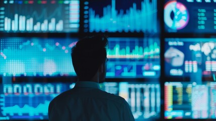 A silhouette faces an array of colorful digital graphs and data, symbolizing the fusion of technology, finance, and analysis in today's dynamic world.