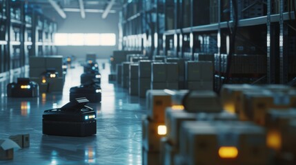 A futuristic warehouse filled with autonomous robots navigating through aisles lined with stacked boxes, hinting at advanced logistics.