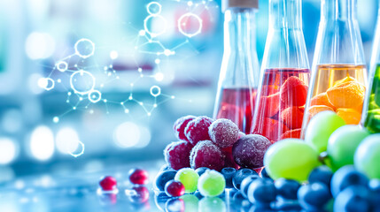 A collection of fresh fruits including grapes and berries is beautifully arranged alongside colorful beverages in glass bottles. The backdrop features a laboratory setting with molecular designs