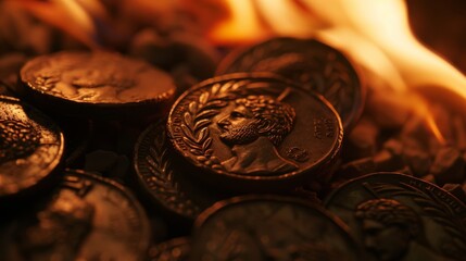 Ancient coins rest amid flickering flames, their embossed figures reflecting histories of power and legacy in a timeless fiery tableau.