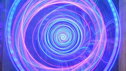 Vibrant neon swirl in shades of purple and blue.