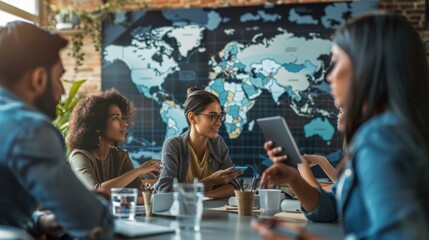 Fototapeta premium Enthusiastic team of diverse professionals shares ideas in a vibrant office with world map background, exuding creativity.