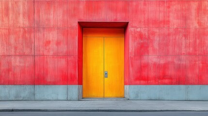 A striking yellow door stands out against a bold red wall, creating a vivid contrast. The clean lines and flat surfaces of the architecture highlight the uniqueness of the entrance, inviting explorati