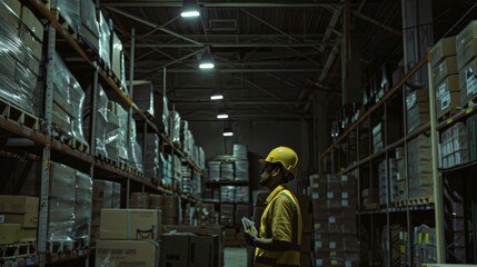 A worker inspects towering inventory in a dim warehouse, capturing logistics and the essence of industrial diligence.