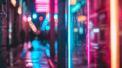 Fototapeta premium A city sidewalk at night is awash with neon hues, creating an electrifying urban atmosphere, with reflections enhancing the vibrant energy.