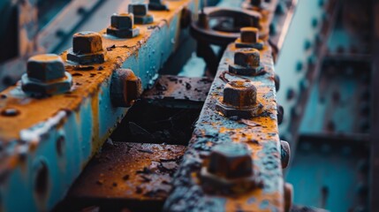 A close-up of a rusty bridge structure, capturing the textures and vivid hues of decay and weathered metalwork against a blurred industrial backdrop.