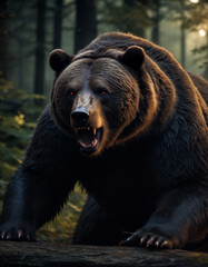 Fototapeta premium Powerful brown bear roaring in dense forest during twilight hours showcasing nature's wild beauty