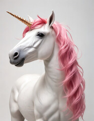 A majestic white unicorn with a golden horn and flowing pink mane posed against a neutral backdrop in a studio setting