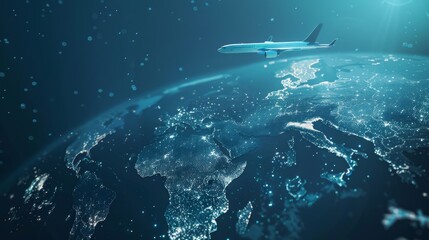 Fototapeta premium An airplane soars over the illuminated earth below, highlighting city lights and continents, embodying the wonder and scale of global travel.