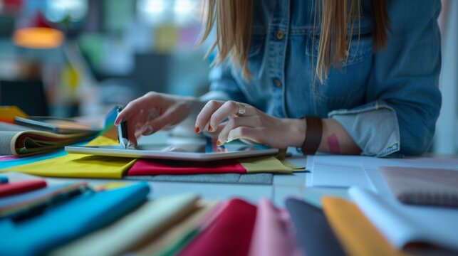 The designer is intensely focused on fabric selection, using a tablet to coordinate vibrant textiles and sketches scattered around a creative workspace.