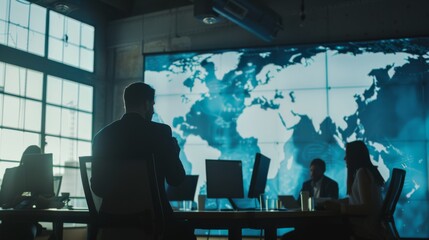 A team collaborates in a high-tech office, silhouetted against a digital world map, emphasizing strategic innovation.
