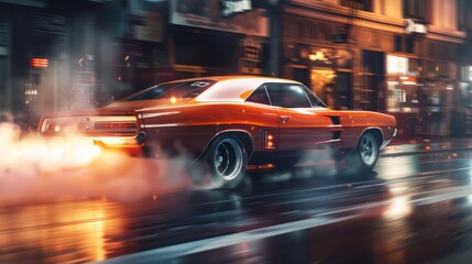 Fototapeta premium A fiery orange classic car speeds through city streets at night, leaving a trail of flames and evoking a sense of power and thrill.