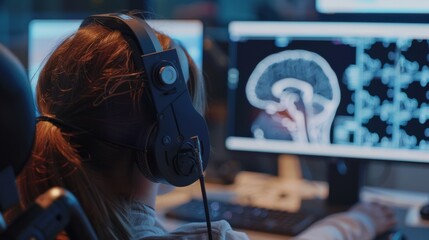Woman with headphones analysis on a screen, capturing the precision and focus of contemporary brain research.