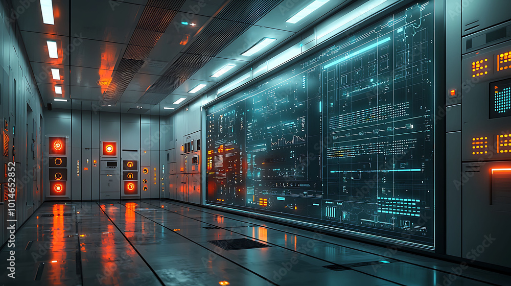 Poster a futuristic control room with a large screen displaying data and a metallic, industrial aesthetic.