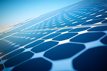 Naklejka premium A close-up of solar panels glistening in the sunlight, with a clear blue sky in the background