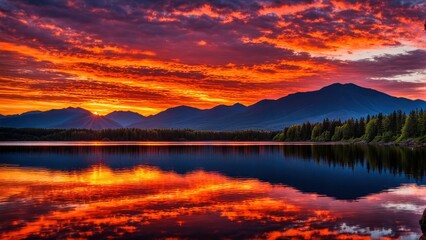 Fototapeta premium A stunning sunset over a serene lake, reflecting vibrant colors and mountains in the background.
