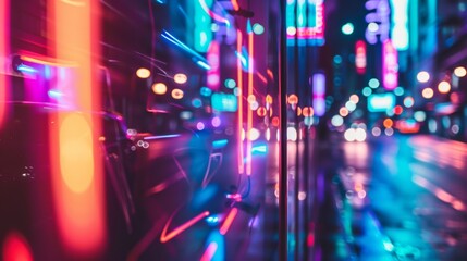 Fototapeta premium A bustling street comes alive with intense neon lights, reflecting off urban surfaces, creating a kaleidoscopic night scene full of energy.