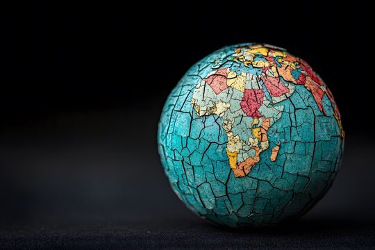 A conceptual image of a globe with cracks appearing on it, symbolizing international tension
