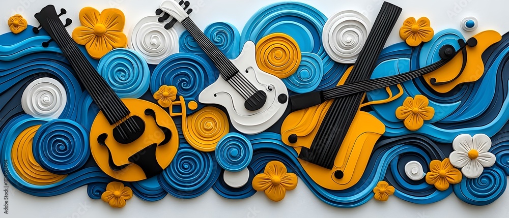 Poster vibrant mural depicting an array of musical instruments intertwined with colorful patterns, celebrat
