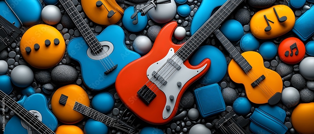 Poster vibrant mural featuring an array of musical instruments intertwined with colorful patterns, celebrat