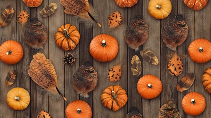A wood grain background with a variety of orange pumpkins and leaves