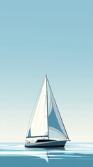 Fototapeta premium Sailing Serenity, a sleek minimalist boat gliding under a pristine sky, defined by sharp lines and tranquil simplicity