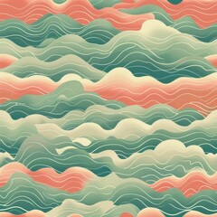 A colorful, abstract painting of ocean waves with a green and pink background