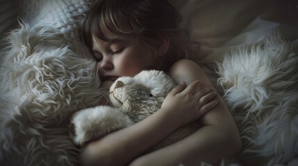 A child sleeps peacefully with a plush toy, nestled in fluffy blankets, creating a scene of warmth and cozy tranquility.