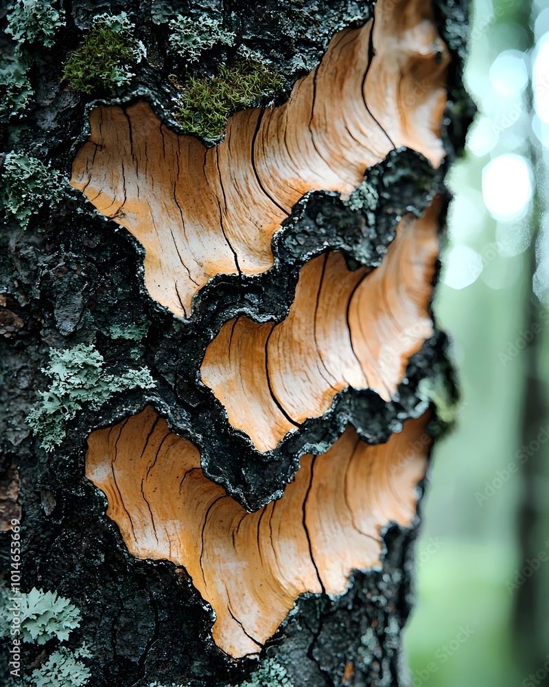 Poster close-up of tree bark with intricate patterns of light wood and dark moss.
