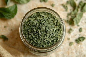 A detailed image of dried catnip in small glass