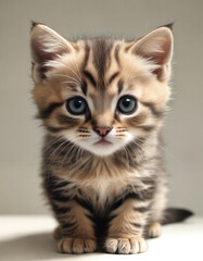 A fluffy striped kitten with bright blue eyes sitting curiously on a light surface, creating an adorable and captivating scene
