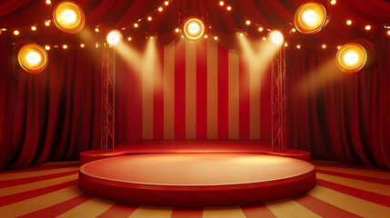 A circular stage with red curtains and spotlights in a classic circus tent.