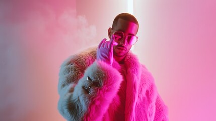 In a dramatic pink-hued setting, a figure in a luxurious fur coat and sunglasses adjusts a stylish glove, exuding high-end fashion and sophistication.