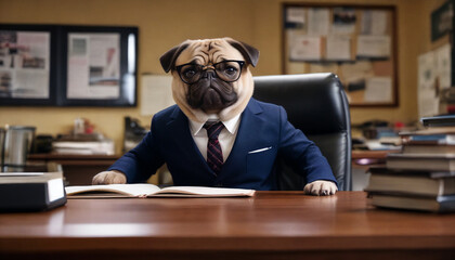 A pug in a suit sits at a desk wearing glasses, working in an office filled with paperwork and books during a sunny afternoon