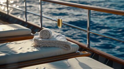 Obraz premium A sunlit yacht deck with a champagne flute and rolled towels, offering a taste of ocean luxury against sparkling waters.
