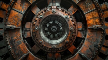 Obraz premium A close-up of a rusted, industrial turbine showcasing intricate gears and aged metal textures, emphasizing engineering evolution.