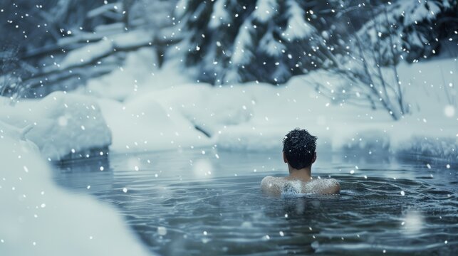 A solitary figure enjoys the quiet of snowfall, immersed in a steaming outdoor pool against a wintry backdrop, capturing the beauty of solitude.