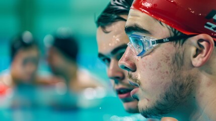 Swimmers in goggles and caps huddle mid-pool, strategizing and sharing encouragement before their relay race in vibrant aquatic surroundings.