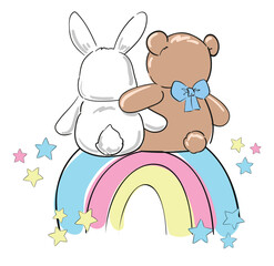 cute bunny with teddy bear in the rainbow hand drawn vector illustration 