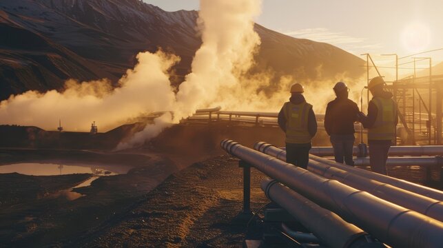 Industrial workers observe geothermal steam rising as the golden sun casts a warm glow over the rugged landscape.