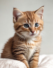 Adorable striped kitten resting on a soft blanket while gazing curiously at the camera in a cozy indoor setting