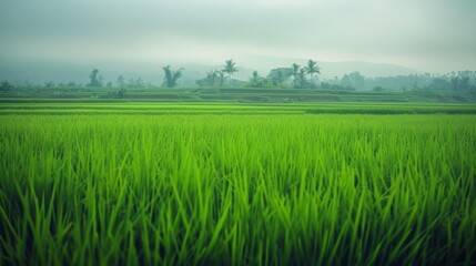 Obraz premium A lush, verdant rice field stretches towards misty mountains, encapsulating nature's serene abundance.
