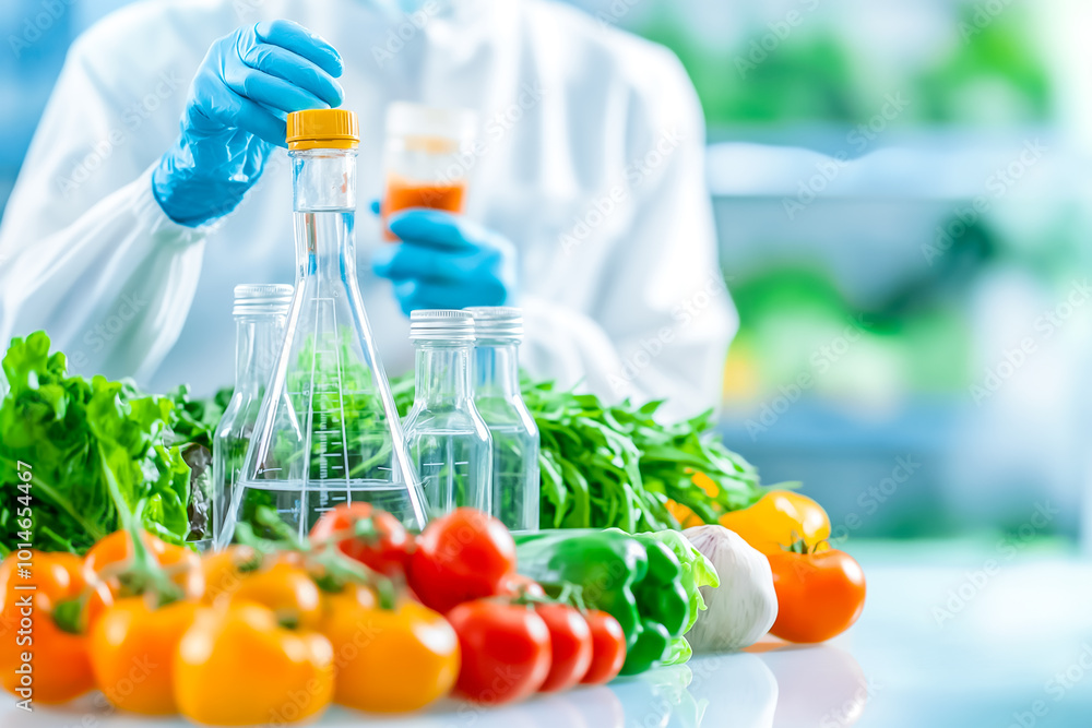 Poster a scientist in protective gloves examines various vegetables and conducts experiments using lab glas