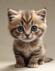 Cute fluffy tabby kitten with striking blue eyes sitting on a smooth surface in a softly lit environment