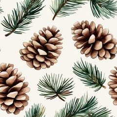 Minimalist watercolor pine branches and pinecones, soft green and brown tones, seamless pattern, airy design, Christmas tile 
