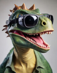 Dinosaur costume character wearing glasses smiles cheerfully indoors at a playful event during daytime