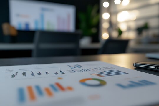 A close-up of a financial report with charts and graphs, showing the economic forecast for 2024, with a blurred business office in the background