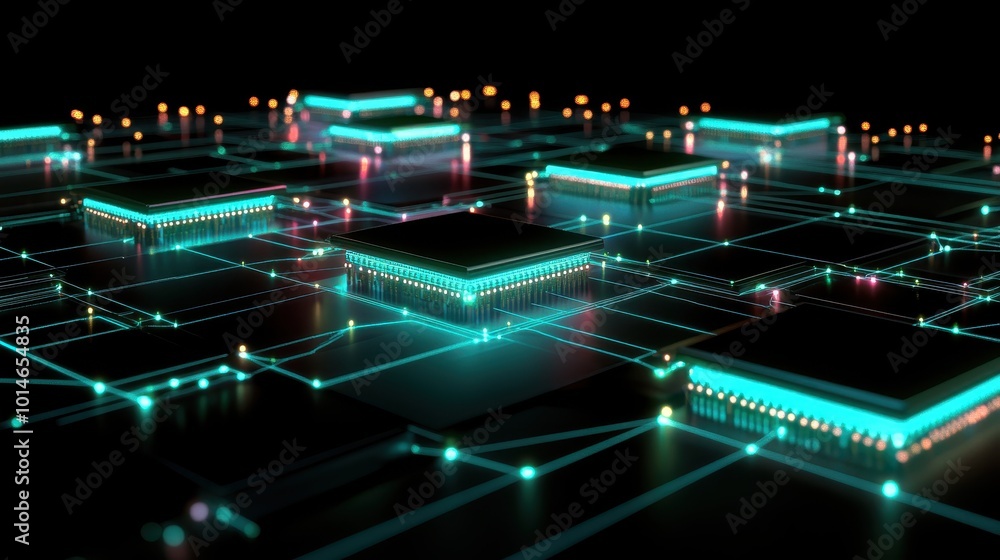 Poster a futuristic depiction of interconnected microchips and circuits glowing with neon lights.