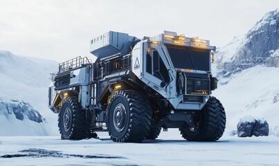 Futuristic vehicle in snowy mountains.