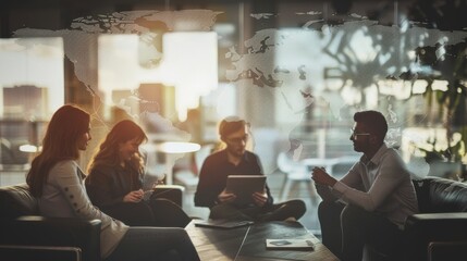 A diverse group of colleagues discuss ideas in a modern office, illuminated by a large digital world map and soft lighting.